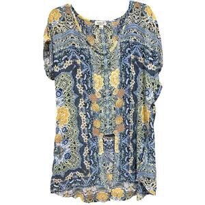 OneWorld Dress Size M Blue Yellow Floral Boho Tunic Top Tie Front Sheer Fairy